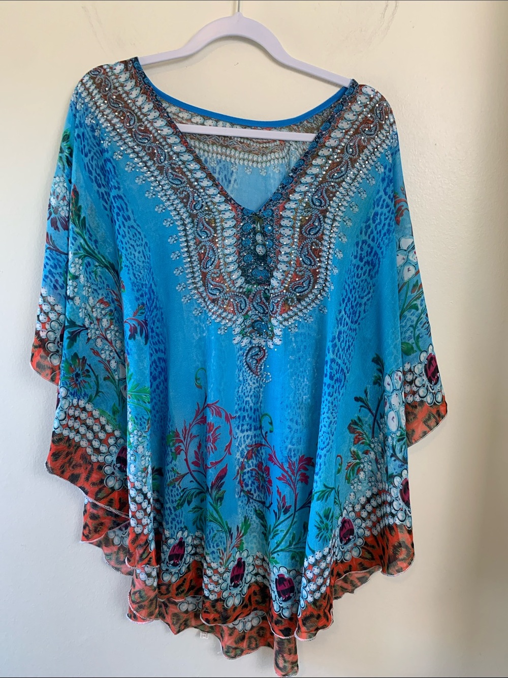 Bohemian Embellished V-Neck Women’s Tunic Top - Turquoise One size Polyester